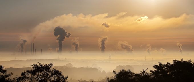 Tree line with the silhouette of an industrial building producing carbon emissions.