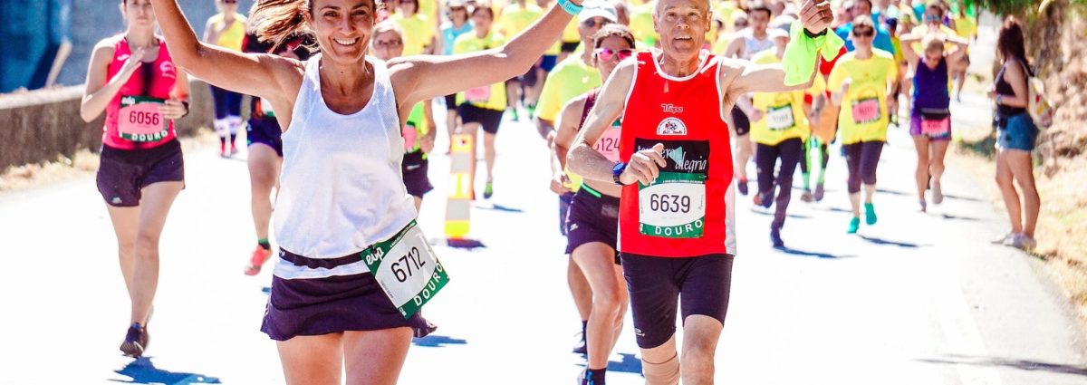 Colorful performance fabric on runners in a race.