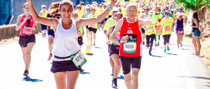 Colorful performance fabric on runners in a race.